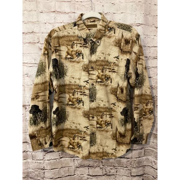 Morgan Creek Outfitters Shirt Boys Large Duck Hunting Print Dog Button Down Tan - Picture 1 of 14
